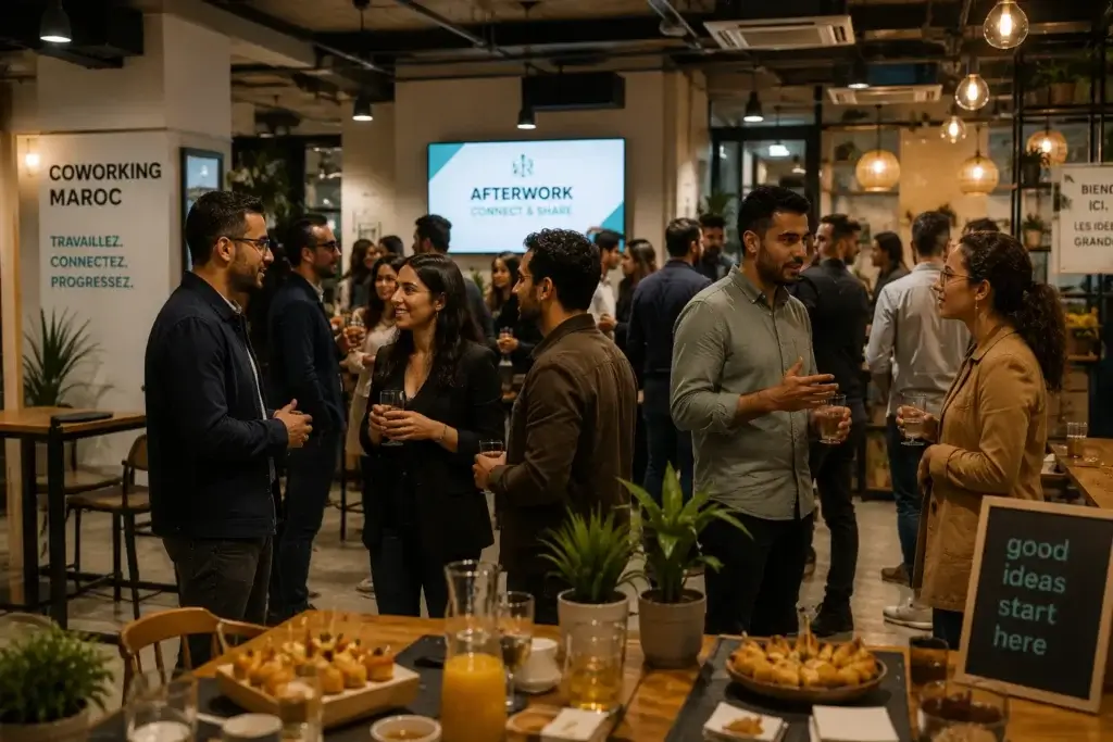 Participants échangeant lors d'un événement ou d'un afterwork organisé dans un espace de coworking marocain, avec une ambiance dynamique et conviviale.