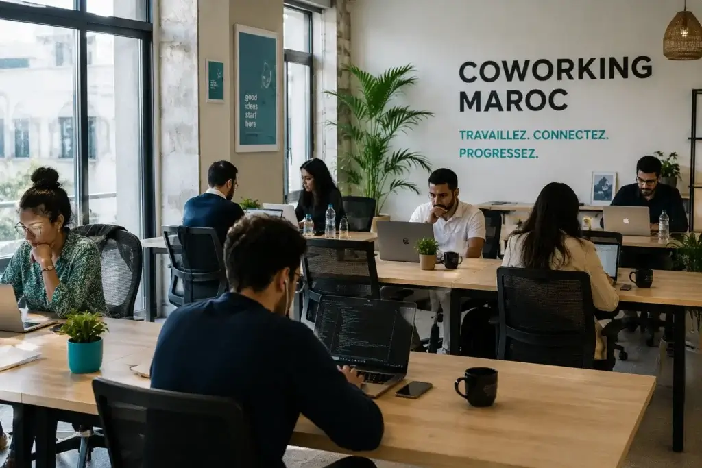 Plusieurs professionnels travaillant sur leurs ordinateurs dans un espace de coworking moderne au Maroc, baigné de lumière naturelle et offrant une atmosphère à la fois concentrée et conviviale.