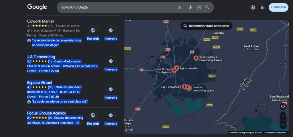 Capture des résultats Google pour la requête « coworking Oujda » mettant en évidence un nombre limité de résultats organiques et une faible concurrence éditoriale.