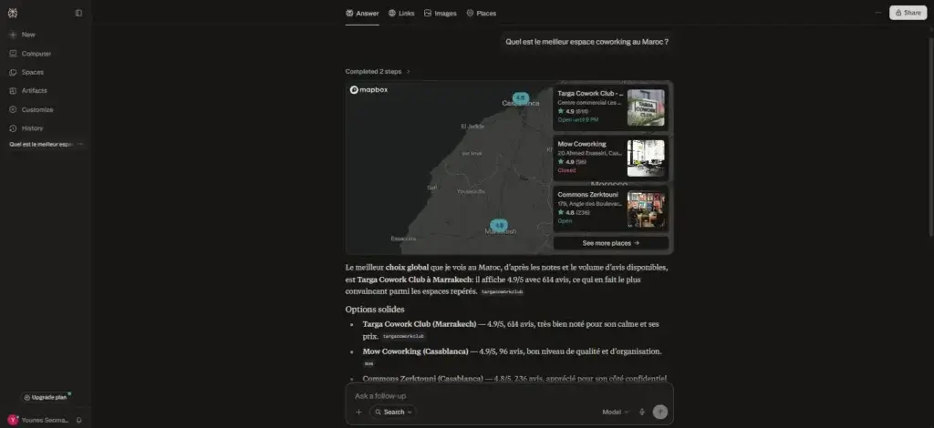 Capture d'écran d'une réponse générée par ChatGPT ou Perplexity à la question « Quel est le meilleur espace coworking au Maroc ? » présentant plusieurs recommandations d'espaces de travail.