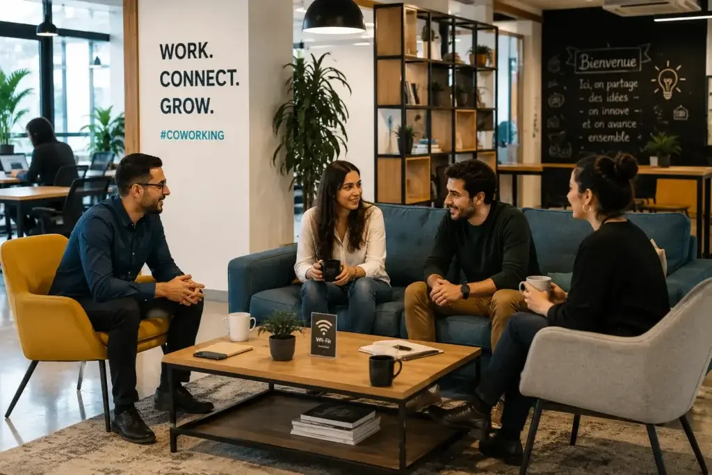 Trois à quatre professionnels discutant autour d'un café dans l'espace lounge d'un coworking moderne, dans une ambiance détendue et professionnelle.