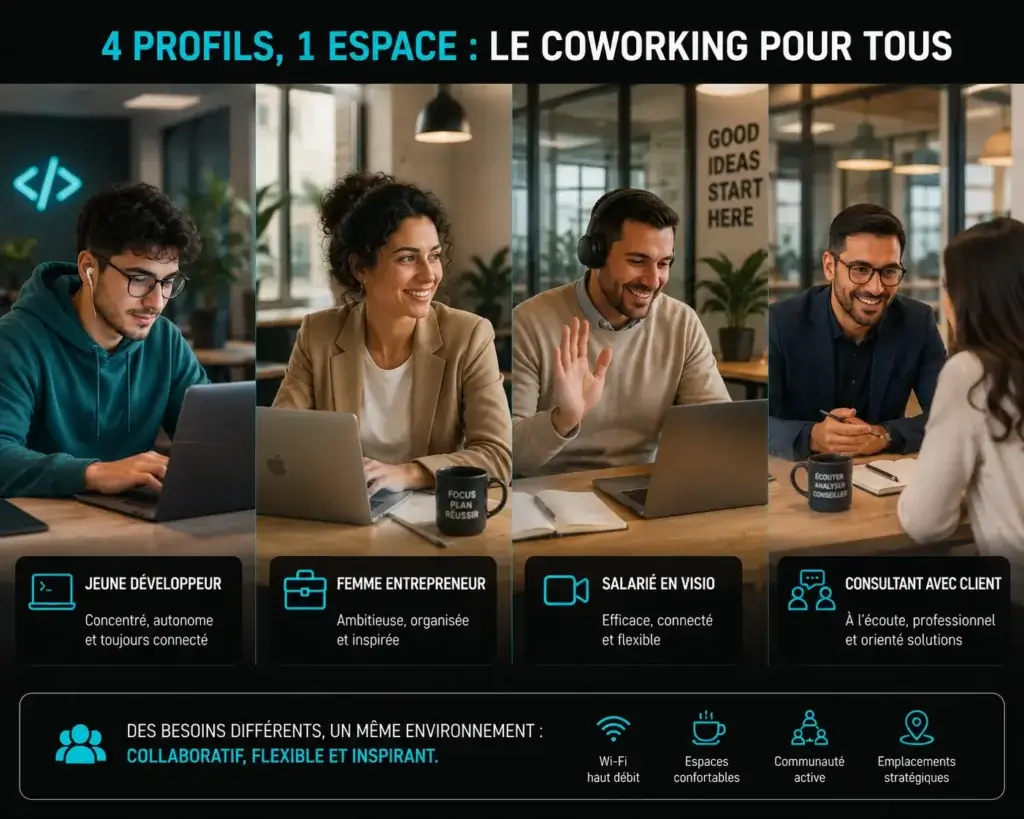Illustration représentant un développeur, une entrepreneure, un salarié en télétravail et un consultant travaillant dans un espace de coworking moderne.