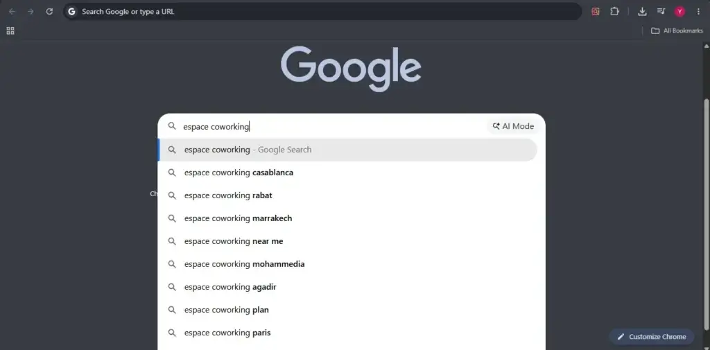 Capture Google Suggest affichant les suggestions automatiques liées à la recherche « espace coworking », notamment coworking pas cher Maroc, coworking Casablanca prix et espace de travail partagé.